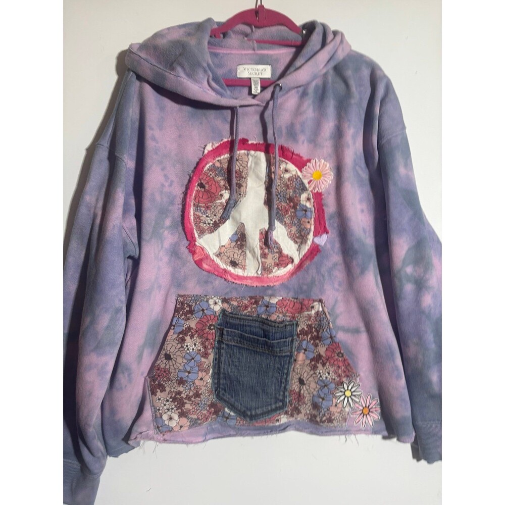 Reworked Victoria’s Secret Tie-Dye Hoodie – Floral Peace Sign & Denim Patchwork